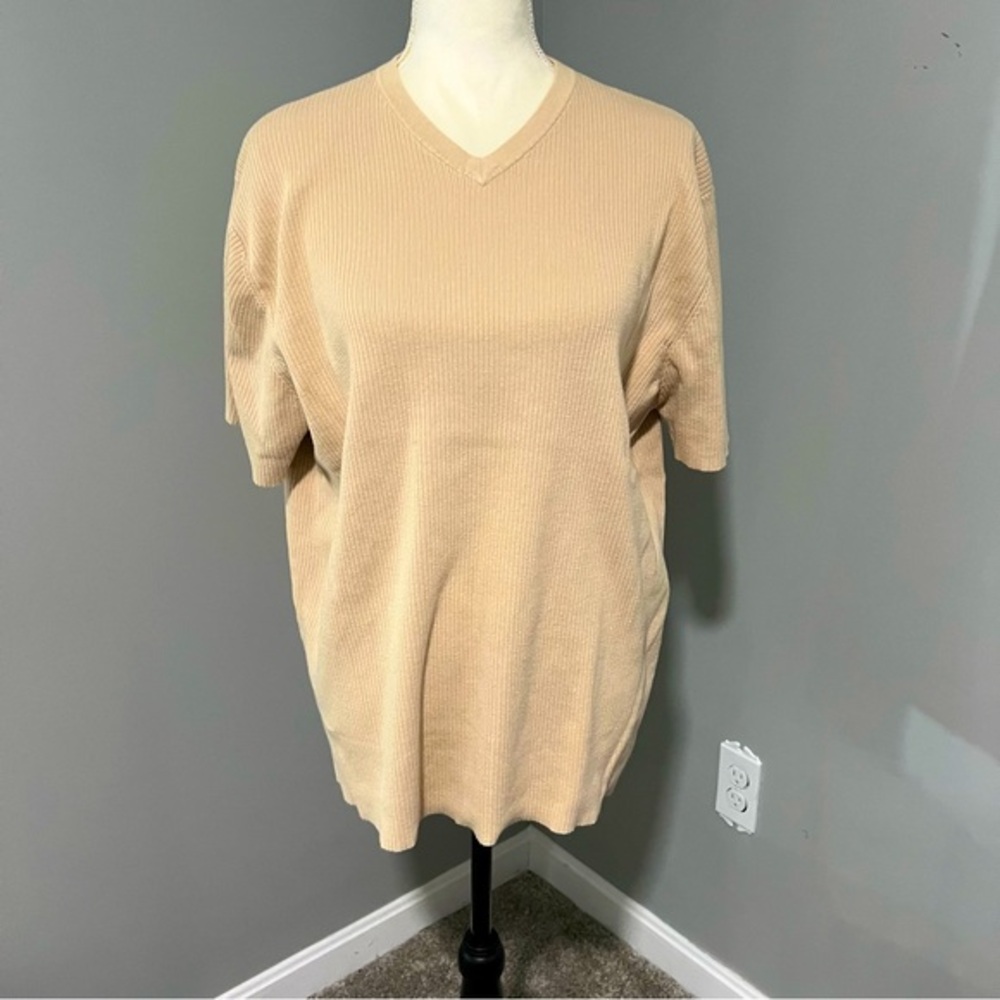 Vintage Banana Republic Size XXL Tan Cotton Rib Knit V Neck Short Sleeve Sweater